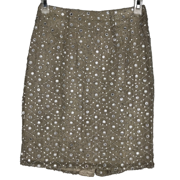 VTG Hugo Buscati Collection Mini Skirt Tan Silver Metallic Sequin Lined Size 4 - Picture 1 of 8